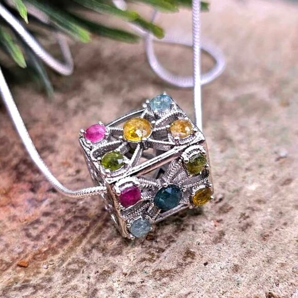 Nature Rainbow Faceted Tourmaline Rectangular Cage Pendant Necklace - Picture 1 of 10